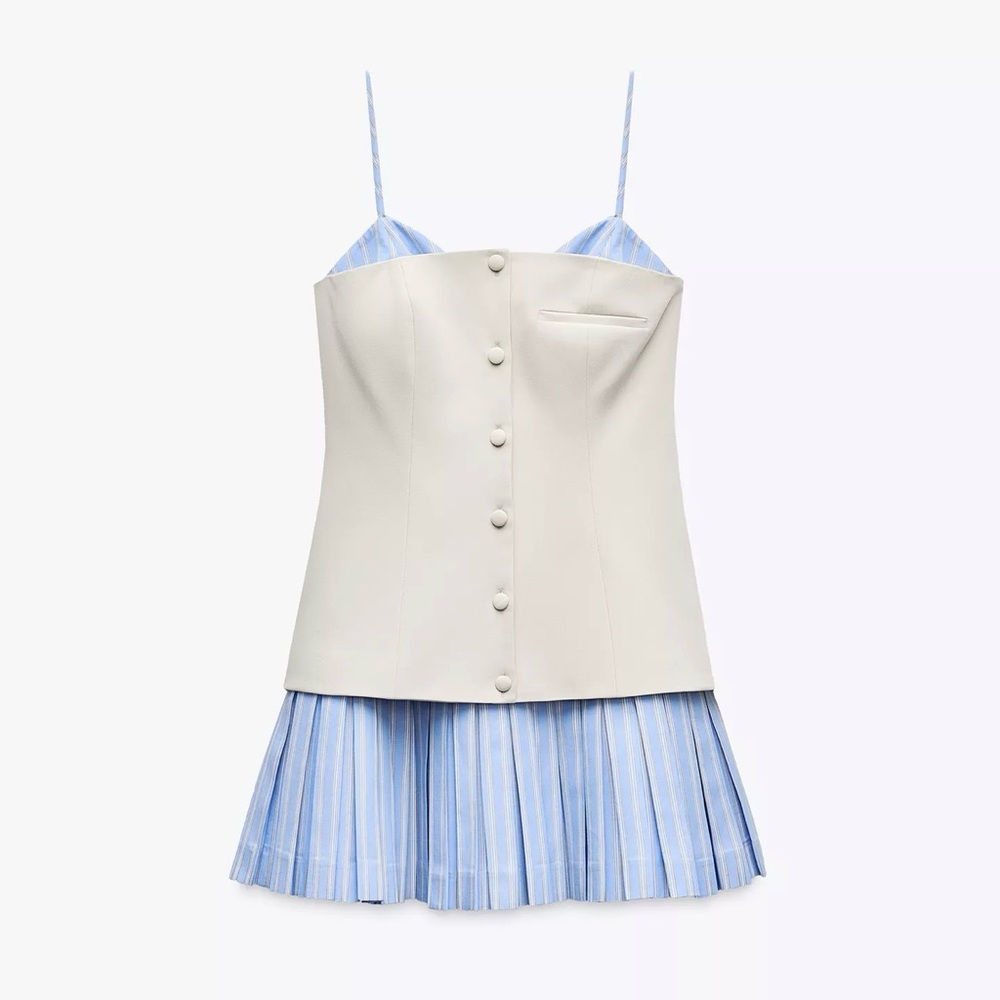 Zara Blue and White Pleated Dress